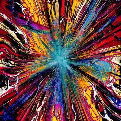 Prompt: insane by giovanni battista venanzi, by steve epting twitter. mixed media art. drip print that is both chaotic & beautiful. a multitude of colors & shapes in a constant state of motion. the viewer's eye is drawn to the center of the print, where a large, swirling mass of color & light dominates the composition. energy & movement.