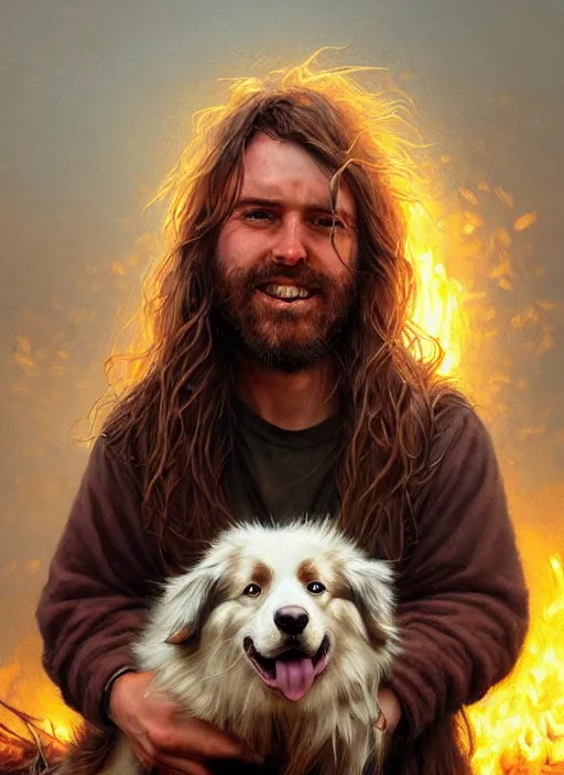 Prompt: highly detailed portrait of long - haired hillbilly around a bonfire with his fluffy australian shepherd, blonde hair, stephen bliss, art by greg rutkowski, loish, rhads, ferdinand knab, makoto shinkai and lois van baarle, artgerm, pixar, ilya kuvshinov, rossdraws, tom bagshaw, global illumination