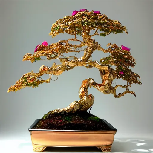 Image similar to aesthetic golden bonsai with raw gems as leaf and gothic ornaments, gems, rose gold, 8 k, details, studio lighting, realism, complex lights