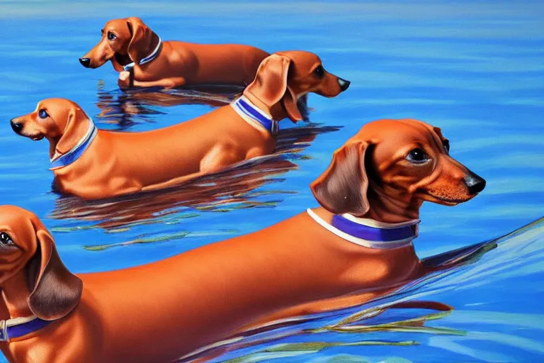 Prompt: cute dachshund in a row boat, detailed painting, weiner dog, oil on canvas, adorable, reflective water, wide angle shot, very detailed