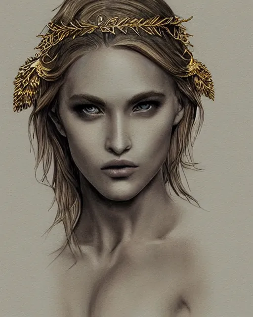 Image similar to tattoo design sketch of cute beautiful blonde super model as aphrodite greek goddess wearing a gold laurel wreath and triangle earrings, beautiful piercing gaze with sharp pupils, in the style of greg rutkowski, fantasy, amazing detail, epic, elegant, smooth, sharp focus, front view