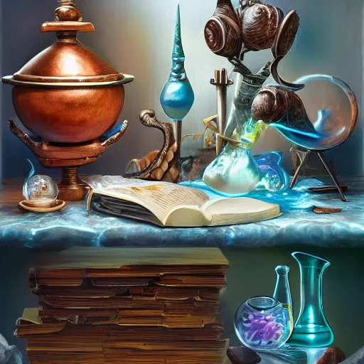 Prompt: hyper real, table, wizards laboratory, lisa parker, tony sart, mortar, pestle, scales with magic powder, energy flowing, magic book, beakers of colored liquid