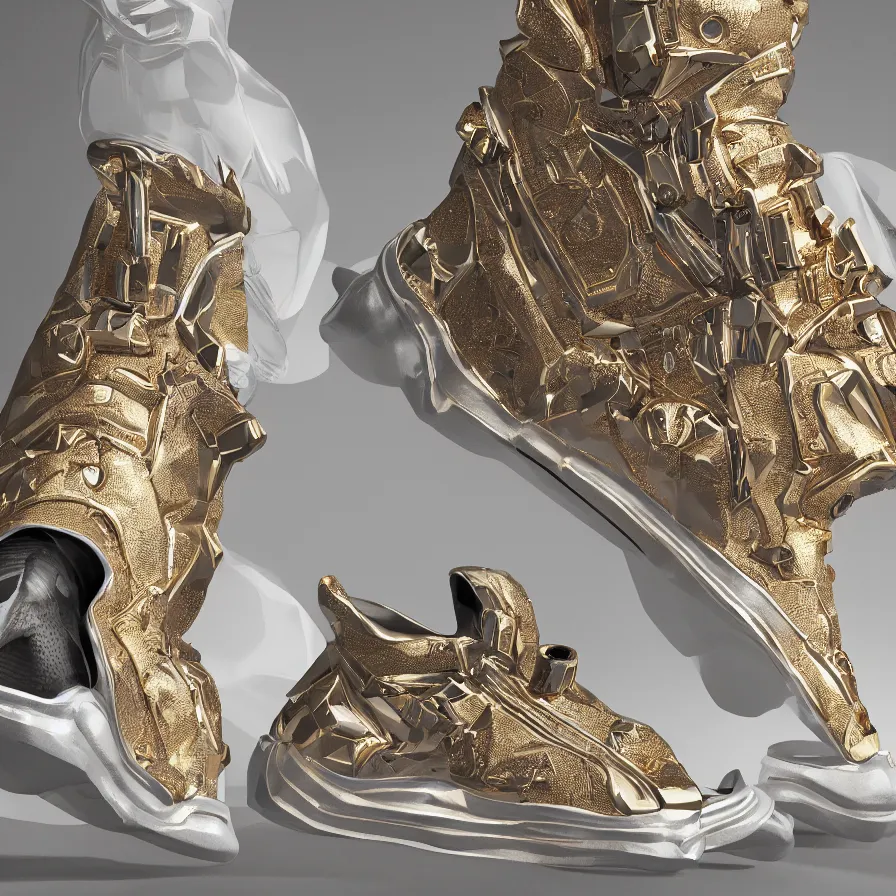 Image similar to futuristic balenciaga sneakers, nft art, highly detailed, hyper realistic, a ton of bussdown iced gold bling in wallace & gromit strata - cut claymation, ultra realistic, concept art, intricate details, serious, highly detailed, photorealistic, octane render, 8 k, unreal engine