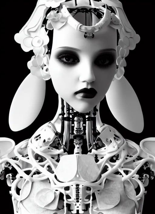 Prompt: black and white dreamy profile face portrait, biomechanical beautiful angelic young female cyborg - robot - doll bust, body ribs meshes, volumetric light, hibiscus flowers, rim light, big gothic fashion pearl embroidered collar, 1 9 3 0, 8 k