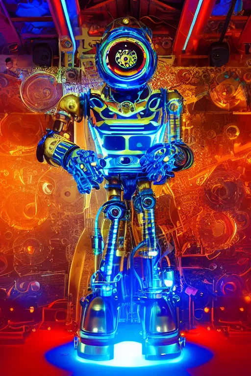Image similar to portrait photo of a giant huge golden and blue metal humanoid steampunk robot dj with multicolored big gears and tubes, a red dj booth, eyes are glowing red lightbulbs, shiny crisp finish, 3 d render, 8 k, insaneley detailed, fluorescent colors, background is multicolored lasershow