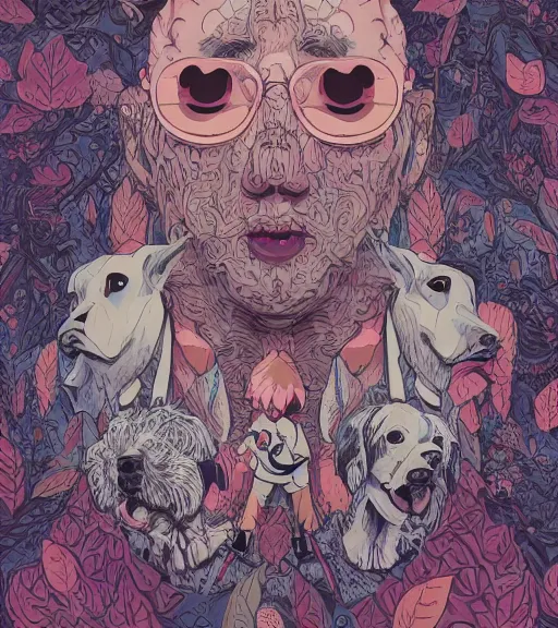 Prompt: portrait, nightmare anomalies, leaves with a dog by miyazaki, violet and pink and white palette, illustration, kenneth blom, mental alchemy, james jean, pablo amaringo, naudline pierre, contemporary art, hyper detailed