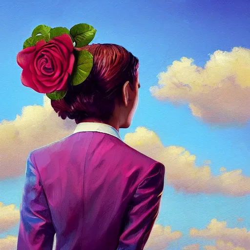 Image similar to closeup, giant rose flower face, frontal, girl in a suit, surreal photography, sunrise, blue sky, dramatic light, impressionist painting, digital painting, artstation, simon stalenhag