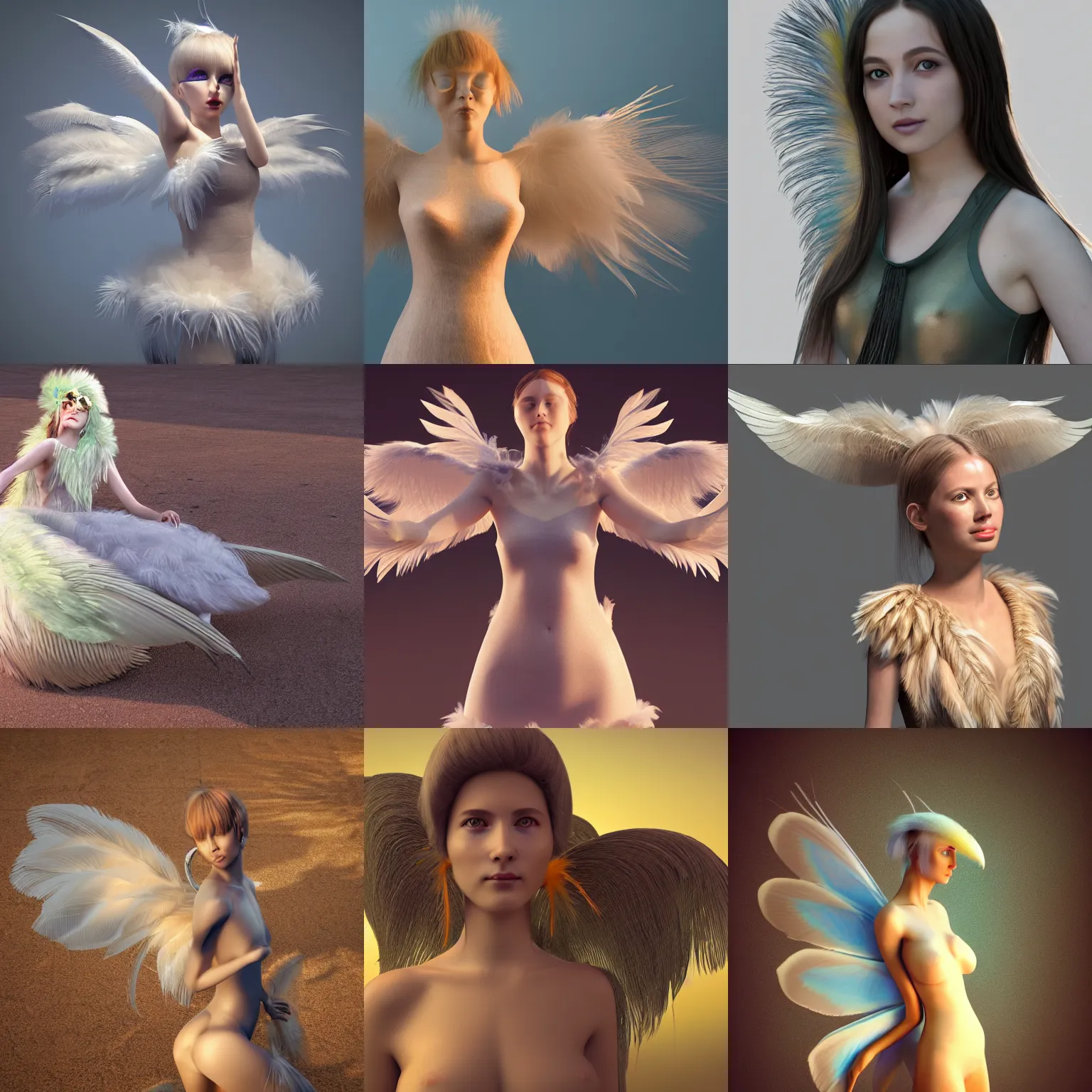 Prompt: hyperrealistic global illumination render of a Goosegirl, a girl with feathers for hair and two small wings, rendered in otoy octane render accelerated by nvidia cuda in blender cycles with maya modelling and I won the artstation Goosegirl contest with this, a contest to make a girl who is a goose, posing for the camera, beating her wings