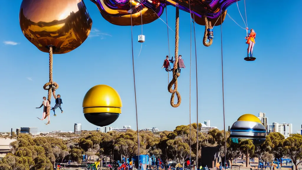 Image similar to large colorful futuristic space age metallic steampunk balloons with pipework and electrical wiring around the outside, and people on rope swings underneath, flying high over the beautiful adelaide city landscape, professional photography, 8 0 mm telephoto lens, realistic, detailed, photorealistic, photojournalism