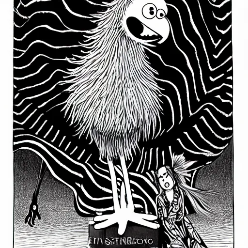 Image similar to big bird from sesame street, style of junji ito!!!!, black and white, undead