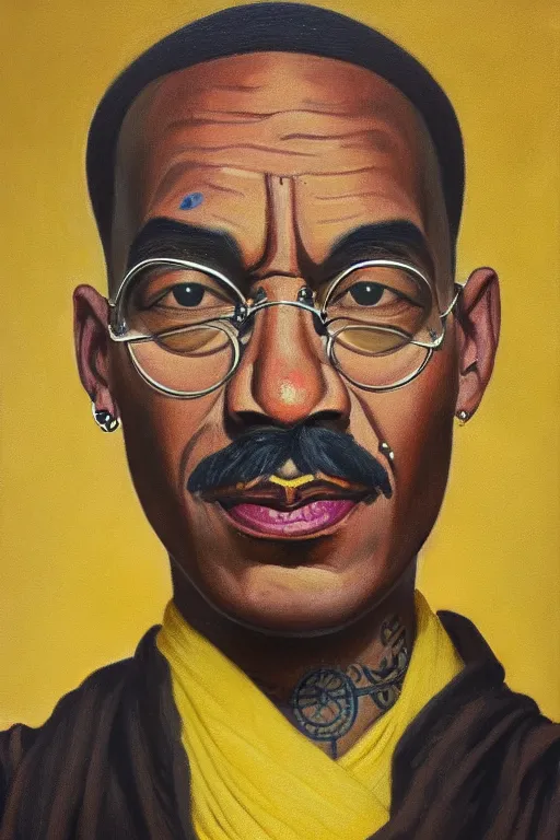 Image similar to full body portrait of wiz khalifa as mahatma gandhi, oil on canvas by william sidney mount, hindu art, great soul, black and yellow, trending on artstation