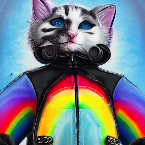 Image similar to wide angle full body, jacket wearing fluffy cute rainbow kitten wearing a black leather motorcycle jacket, riding on a motorcycle, cinematic concept art