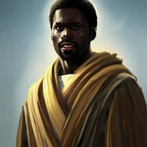Prompt: portrait of a man by greg rutkowski, young jedi master, afroamerican, star wars expanded universe, he is about 3 0 years old, wearing jedi robes.