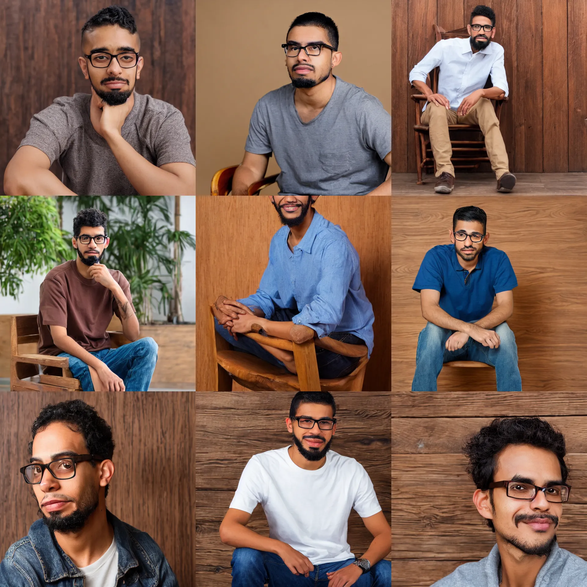 Prompt: 3 / 4 view portrait of a latino skinny young man, brown skin, wavy short hair, goatee, wearing glasses, straight nose, seated on wooden chair, close up, light brown background, as a disney character