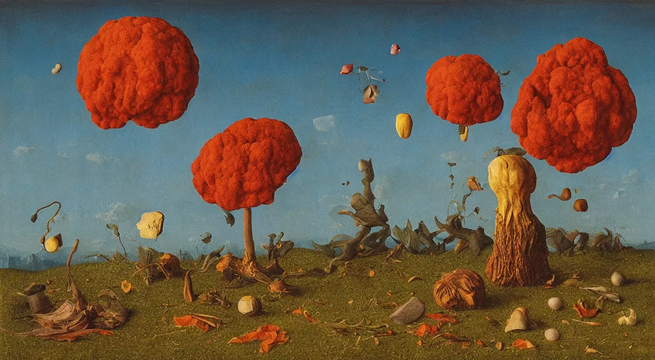 Prompt: one single! fungus floating in the clear sky, a high contrast!! ultradetailed photorealistic painting by jan van eyck, audubon, rene magritte, agnes pelton, max ernst, walton ford, hard lighting, masterpiece