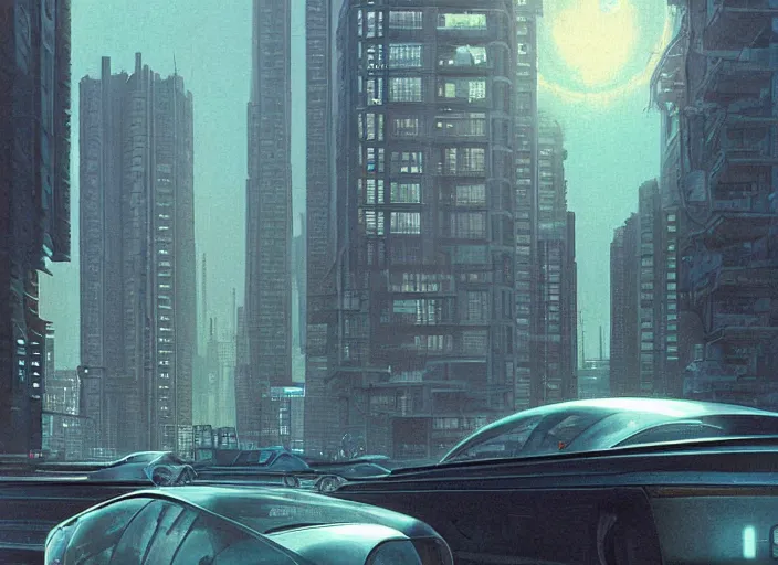 Image similar to a car driving down a street next to tall buildings the night at 10 pm, cyberpunk art by Chesley Bonestell, cgsociety, retrofuturism, matte painting, reimagined by industrial light and magic