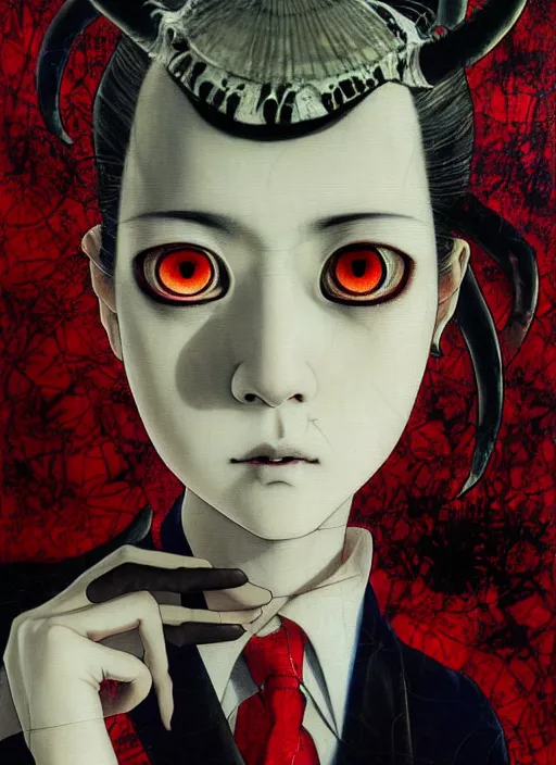 Image similar to yoshitaka amano blurred and dreamy realistic three quarter angle horror portrait of a sinister young woman with short hair, horns and red eyes wearing office suit with tie, junji ito abstract patterns in the background, satoshi kon anime, noisy film grain effect, highly detailed, renaissance oil painting, weird portrait angle, blurred lost edges