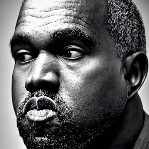 Image similar to the face of older kanye west at 5 0 years old, portrait by julia cameron, chiaroscuro lighting, shallow depth of field, 8 0 mm, f 1. 8