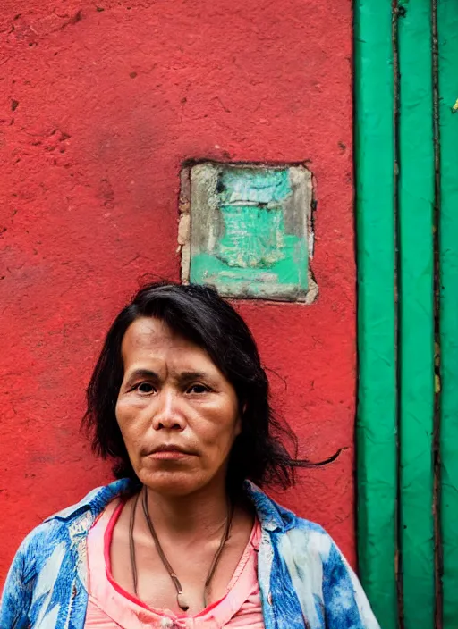 Prompt: Mid-shot portrait of a stylish 35-year-old woman from Guatemala, candid street portrait in the style of Martin Schoeller, strong red and greens, award winning, Sony a7R