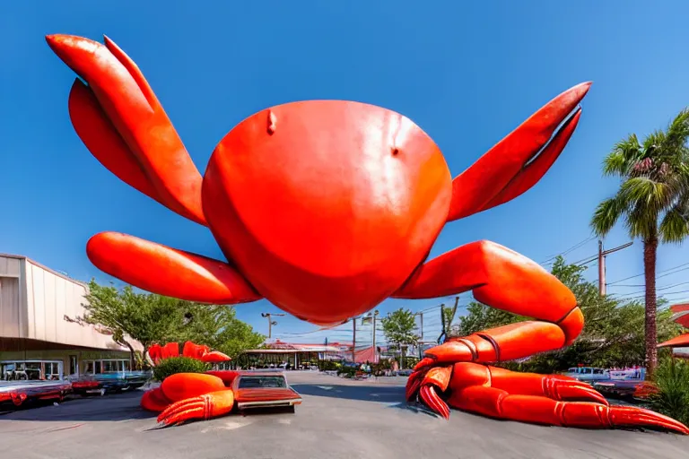 Image similar to 1 9 8 5 crab themed giant sculpture, googie architecture, one point perspective, americana, fishcore, restaurant exterior photography, hd 8 k, taken by alex webb