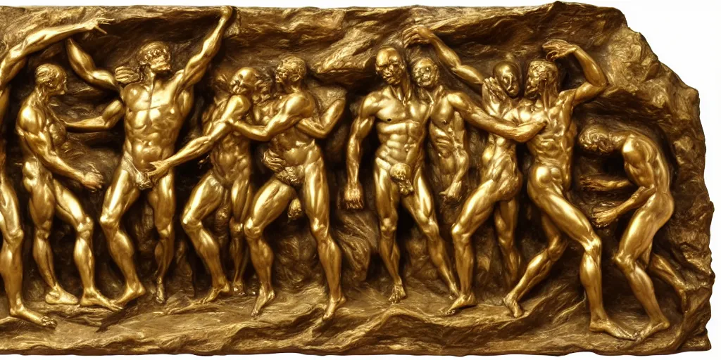 Prompt: A gilded bronze bas relief of the Creation of Man in the style of Alfred Gilbert, Jules Dalou, Auguste Rodin, 1899, 4K resolution