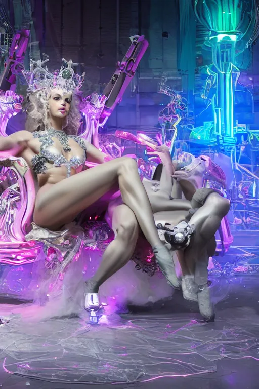 Prompt: full-body rococo and cyberpunk style neon statue of a muscular attractive Colby O'Donis macho dotado e rico android sim roupa reclining con las piernas abertas e la piroca dura, glowing white laser eyes, prince crown of pink gears, diamonds, swirling silver-colored silk fabric. futuristic elements. full-length view. space robots. human skulls. intricate artwork by caravaggio. Trending on artstation, octane render, cinematic lighting from the right, hyper realism, octane render, 8k, depth of field, 3D