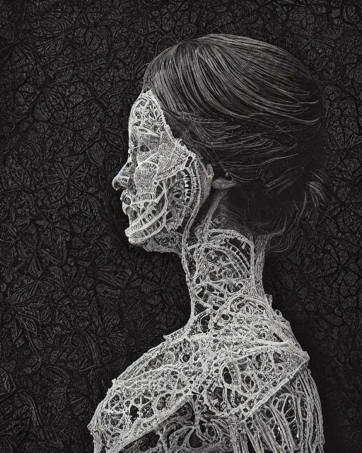 Image similar to a woman's face in profile, made of intricate lace leaf skeleton, in the style of the dutch masters and gregory crewdson, dark and moody