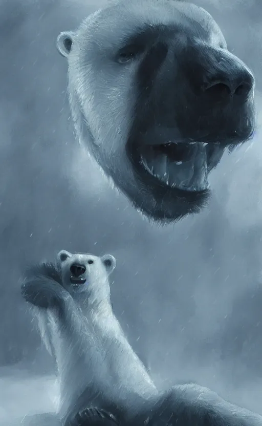 Image similar to a polar bear getting interrogated, high details, trending on artstation,