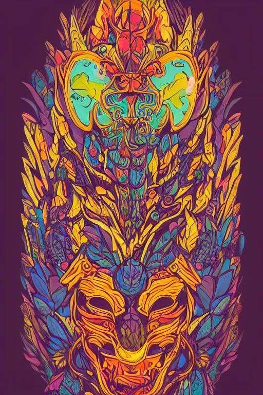 Image similar to animal mask totem roots flower tribal feather gemstone plant wood rock shaman vodoo video game vector cutout illustration vivid multicolor borderlands comics by josan gonzales and dan mumford radiating a glowing aura