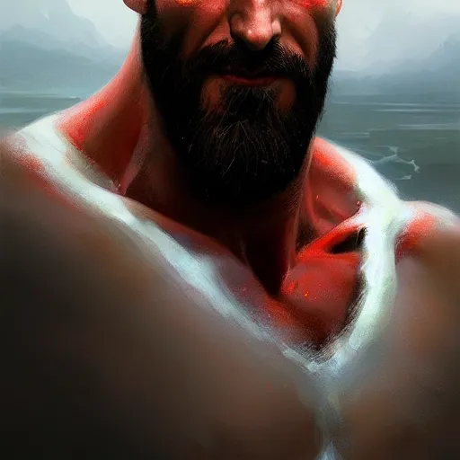 Image similar to kratos closeup portrait, dramatic light, lake background, 2 0 0 mm focal length, painted by stanley lau, painted by greg rutkowski, painted by stanley artgerm, digital art, trending on artstation