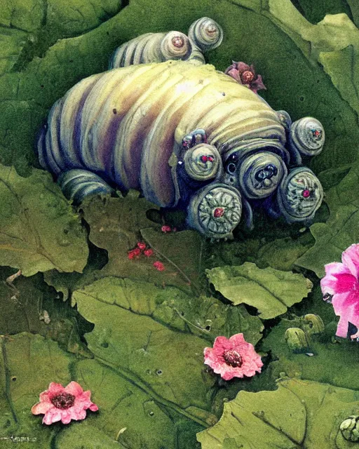 Image similar to detailed painting of a beautiful tardigrade p, untouched by humans for years, with a brooding fairy inside it. sunlight beams down on the scene and you can tell it is spring from the flowers. perhaps a party of adventurers or a lone traveler is entering the scene from the a path. by norman rockwell