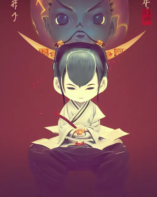 Prompt: a tiny adorable demonic samurai meditating, wrapped in sacred parchment with glowing text, smooth, intricate, elegant, digital painting, artstation, power runes, pulsing energy, concept art, sharp focus, octane render, illustration, art by shintaro kago and beeple, overwatch character,