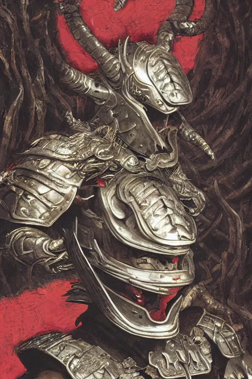 Prompt: close up of a samurai in armor resembling dragon skin and a helmet resembling a dragon head, in a dark bamboo forest, by huang guangjian and gil elvgren, sachin teng, greg manchess