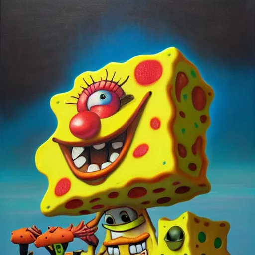 Image similar to SpongeBob SquarePants made of cheese by jacek yerka, alex gray, zdzisław beksiński, dariusz zawadzki, jeffrey smith and h.r. giger, oil on canvas, 8k highly professionally detailed, trending on artstation