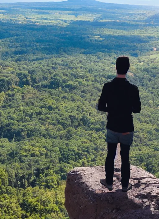 Image similar to a man standing on a viewpoint looking out over a beautiful landscape where new and exciting adventure and potential await