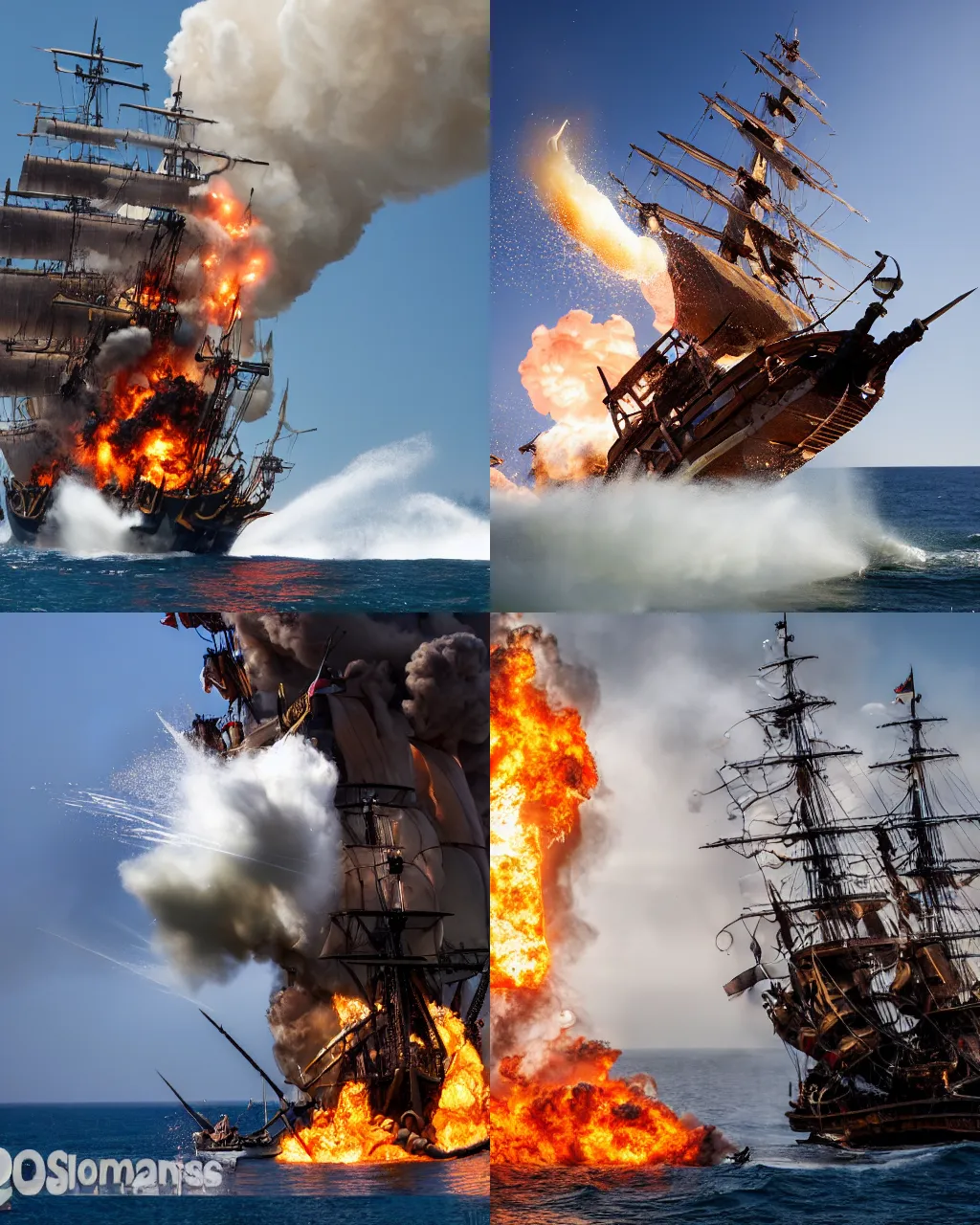 Prompt: action photography of an explosion on a pirate ship, fast shutter speed, high speed, action photo, 1/1000 sec shutter