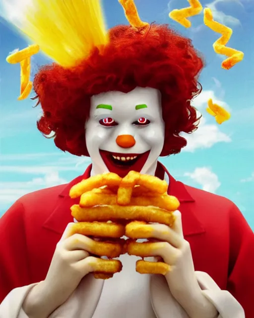 Prompt: ronald mcdonald as an angel ascending into the gates of heaven with french fries wings, an onion ring around his head, sunbeams, clouds, chicken nuggets flying in the sky