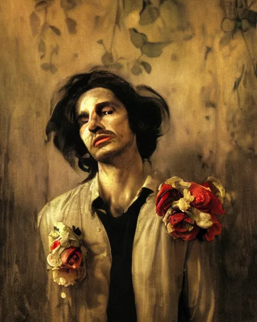 Image similar to a beautiful and eerie baroque painting of a beautiful but serious man in layers of fear, with haunted eyes and dark hair, 1 9 7 0 s, seventies, floral wallpaper, wilted flowers, a little blood, morning light showing injuries, delicate embellishments, painterly, offset printing technique, by robert henri, walter popp, alan lee