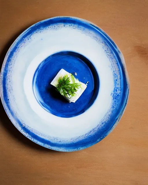 Prompt: food photography of dish consisting of a toast with spreaded blue toothpaste and a toothbrush in a michelin star restaurant,