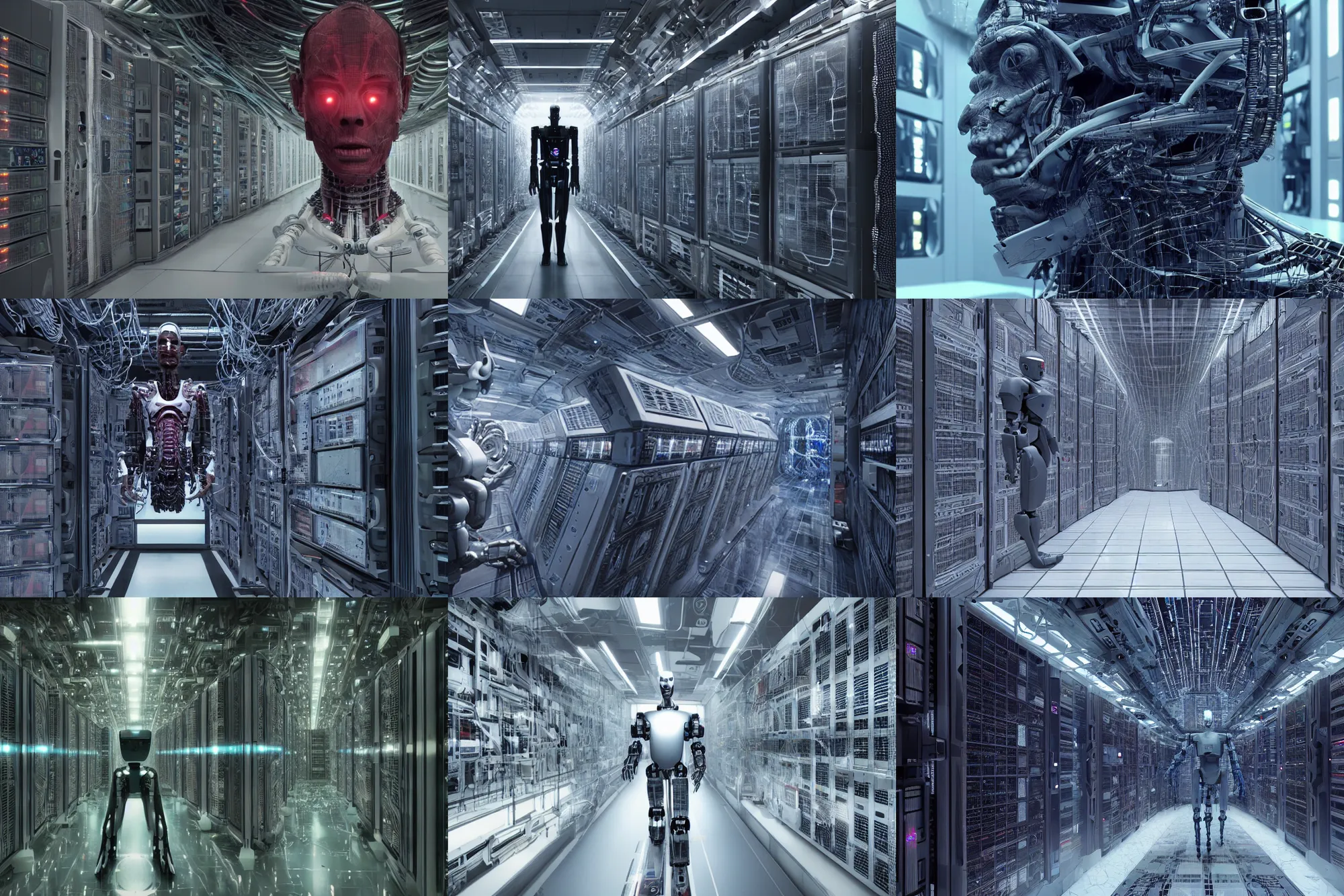 Prompt: extremely detailed realistic movie still 2 0 7 7 portrait shot of a robot in a supercomputer data centre by denis villeneuve, wayne barlowe, simon birch, philippe druillet, beeple, noriyoshi ohrai