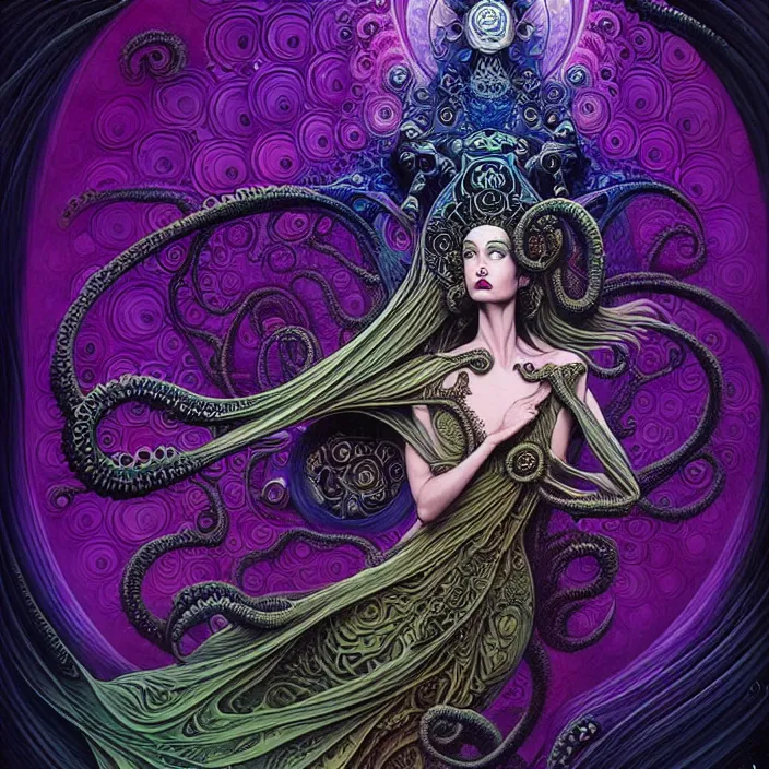 Prompt: depicting a beautiful lovecraftian female priestess, in the style of joe fenton, dynamic energetic pose, exuberant organic elegant forms, by karol bak and filip hodas : : 1. 4 purple, red, blue, green, black intricate mandala explosions : : intuit art : : turbulent energy backdrop : : damask wallpaper : : atmospheric