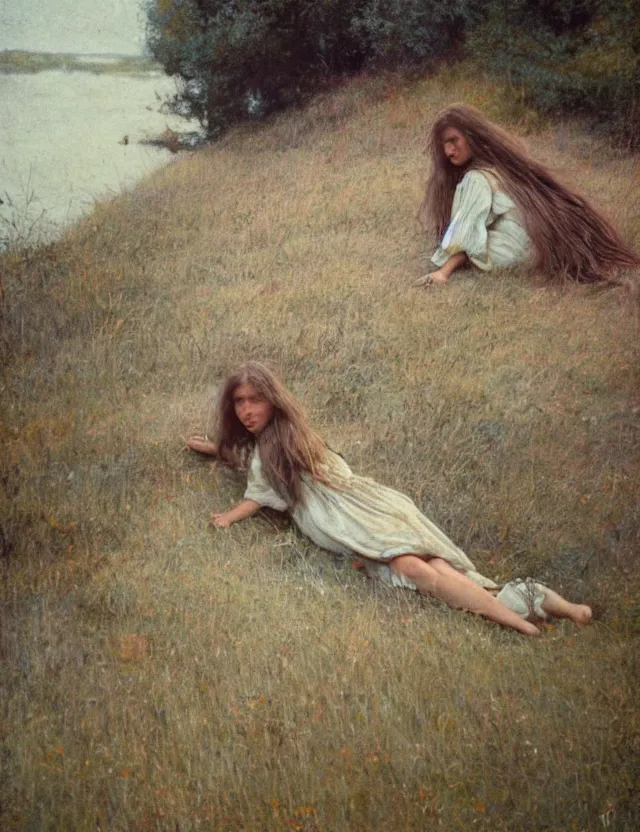 Prompt: peasant barefoot girl with long hair laying edge of rock, cottage core, cinematic focus, polaroid photo bleached vintage pastel colors high - key lighting, soft lights, foggy, by steve hanks, by lisa yuskavage, by serov valentin, by tarkovsky, 8 k render, detailed, oil on canvas