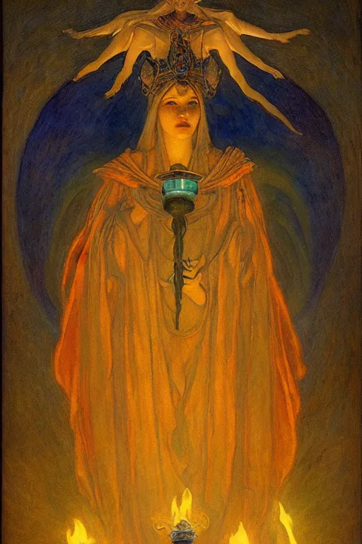 Prompt: queen of the underworld with her lantern, by Annie Swynnerton and Nicholas Roerich and jean delville, dramatic cinematic lighting , ornate headdress , flowing robes, sacred artifacts, lost civilizations, smooth, sharp focus, extremely detailed