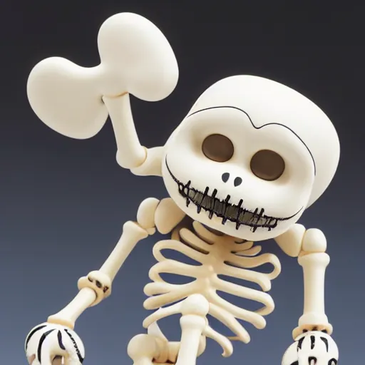 Image similar to a smiling off-white colored cheburashka skeleton shiny porcelain figurine sitting in front of a neutral background, 4k, high definition, detailed product shot, kaws, Jeff koons”