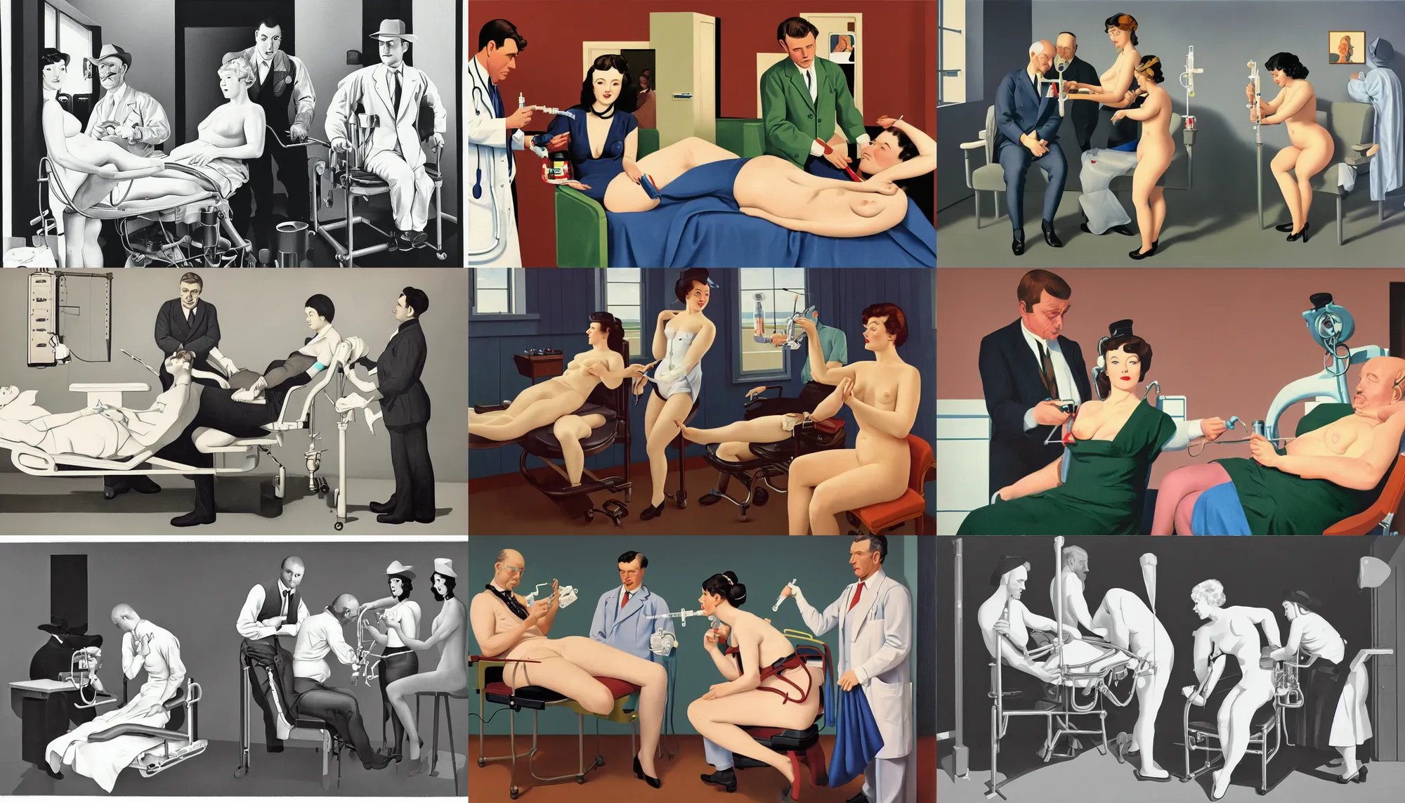 Prompt: gentleman sat in medical chair being examined by snakelike cowboy physician doctor and betty page pinup nurse using locomotive syringes to extract build up of bearish bile from the patients hyper inflated top buyers neck, digital painting by Magritte on 35mm film, 8k 1080p