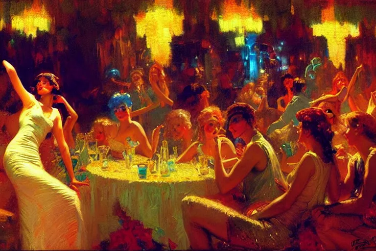 Prompt: sixties disco party, summer, neon light, painting by gaston bussiere, craig mullins, j. c. leyendecker