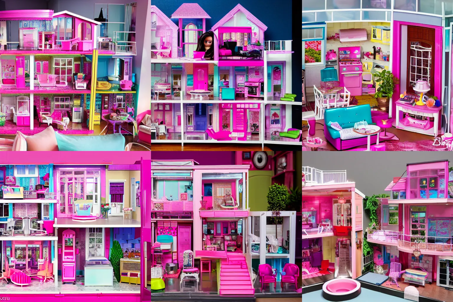 Prompt: Photo of Barbie dreamhouse but it is all cluttered and full of junk because Barbie is a hoarder, 4k, DSLR photo, architectural photography