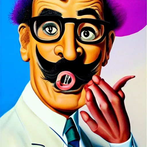 Image similar to beautiful lifelike painting of grace jones disguised as groucho marx, hyperreal detailed facial features and uv lighting, art by ed roth and basil wolverton