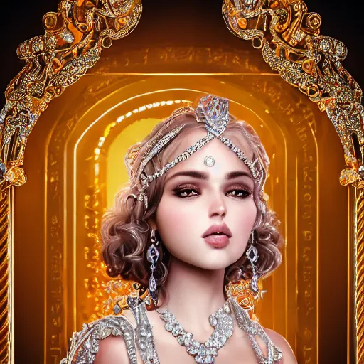 Image similar to portrait of pretty princess with perfect skin, glowing, ornate and intricate diamond jewelry, jaw dropping beauty, ornate and intricate backdrop, white accent lighting, hyper detailed, 4 k octane render