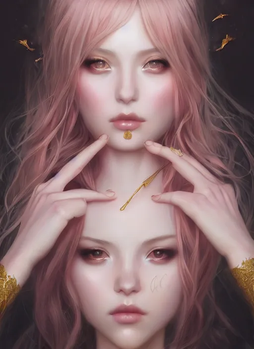 Prompt: dreamlike luxury stunning gothic girl portrait, pale pink and gold kimono, art by artgerm, wlop, loish, ilya kuvshinov, 8 k realistic, hyperdetailed, beautiful lighting, detailed background, depth of field, symmetrical face, frostbite 3 engine, cryengine,